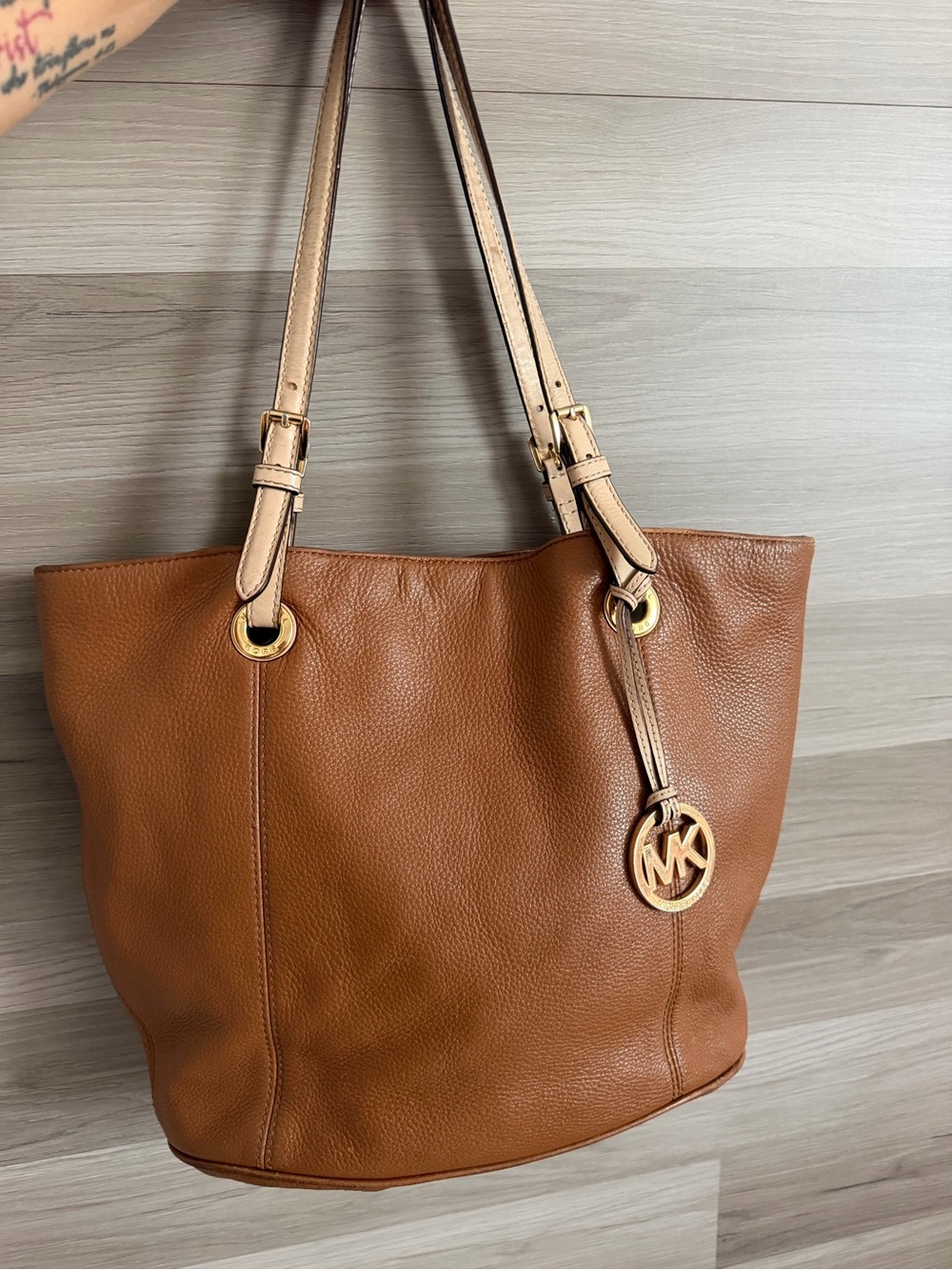 Michael Kors Brown Pebbled Leather Tote with Contrast Straps